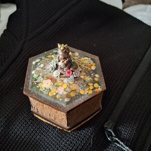 Hexagonal Wooden Trinket Box with Dragon Figurine
